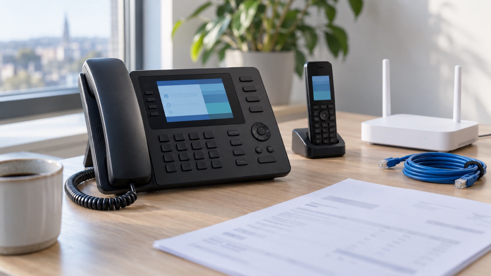 Téléphone de bureau IP, combiné sans fil DECT et routeur installés sur un bureau