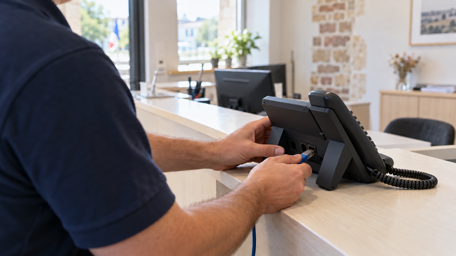 Un technicien branche un téléphone de bureau IP sur le comptoir d'accueil d'une mairie
